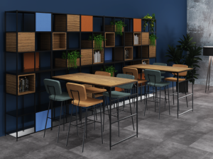 Flexwall kastopstelling met bartafels en barstoelen kantoor
